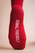 plant of a feet of a red sock with animal friendly written in it