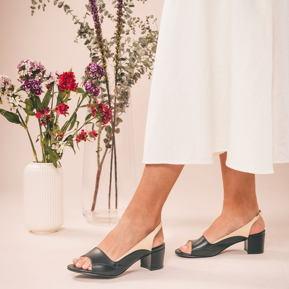 Women vegan heel shoes slingback bicolor black beige apple skin ballerina sandal | NAE