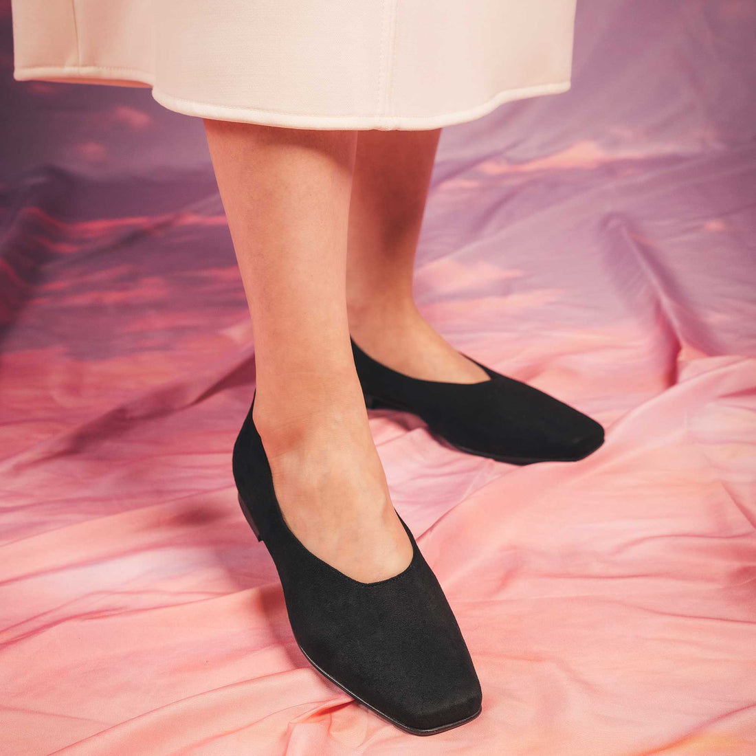 Women vegan black ballerinas square toe flat heel on microfiber breathable lined | NAE