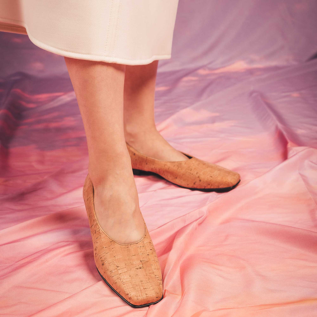 Vegan ballerinas women square toe flat heel on natural cork breathable lined | NAE
