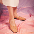 Women vegan ballerinas shoes crafted from cork wearing summer dress | NAE Vegan Shoes
